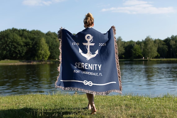 Boat Woven Blanket, Gift Boat Blanket 100% Cotton, Captain Gift or Boat Owner Decor, Boat Gifts, Nautical Name Blanket, Gift for Sailor