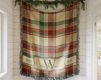 Personalized Christmas Woven Blanket, Custom Couple Blanket, Monogram Family Christmas Gift, Xmas Plaid Housewarming Gift for Married Couple