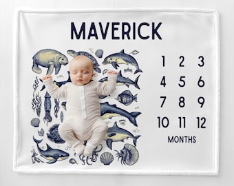 Personalized Ocean Baby Month Blanket Baby Shower Gift Under the Sea Milestone Ocean Life Ocean Nursery Decor Boy Month Blanket New Mom Gift