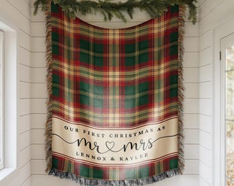 Personalized Christmas Woven Blanket, Custom Couple Blanket, Monogram Family Christmas Gift, Xmas Plaid Housewarming Gift for Married Couple