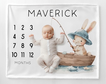 Personalized Rabbit Monthly Blanket Fishing Baby Blanket Milestone Fishing Baby Nursery Decor Baby Shower Fishing Theme Fishing Baby Gift