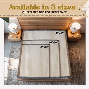 May include: Three rectangular woven blankets in off-white with fringed edges, displayed on a queen-size bed. The blankets are labeled with dimensions 37"x52", 50"x60", and 60"x80". The text "Available in 3 sizes" and "QUEEN SIZE BED FOR REFERENCE" appears.