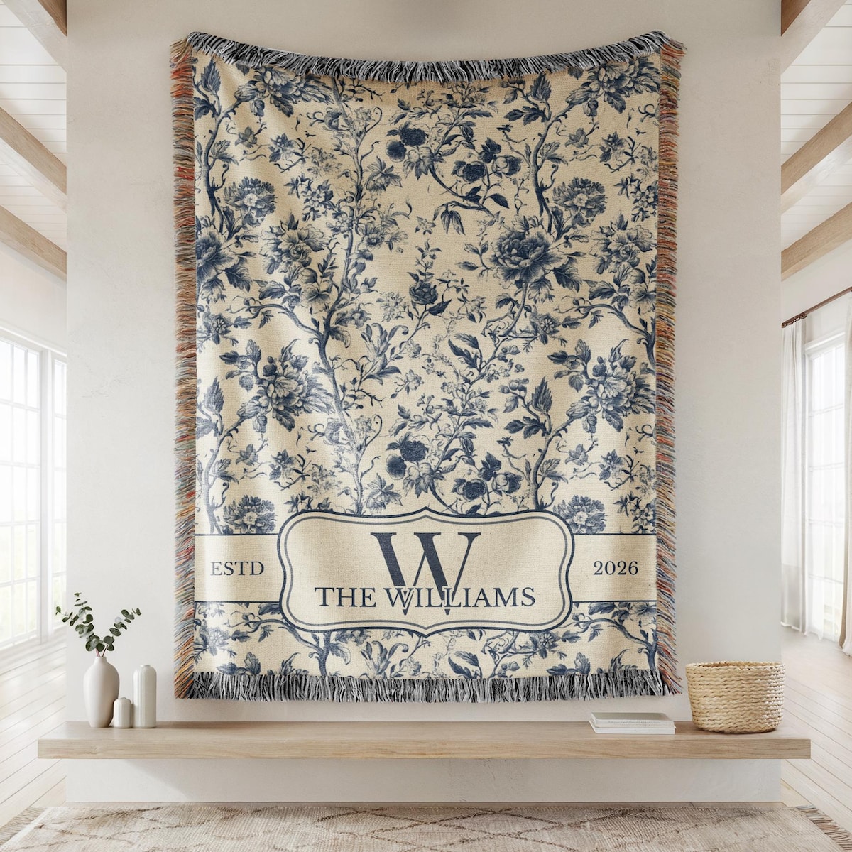 Custom "The Brunke's" Blue Toile Monogram Woven Blanket, Last Name Floral Throw, Housewarming Gift for Newly Married Couple or Family Keepsake, Anniversary Gift