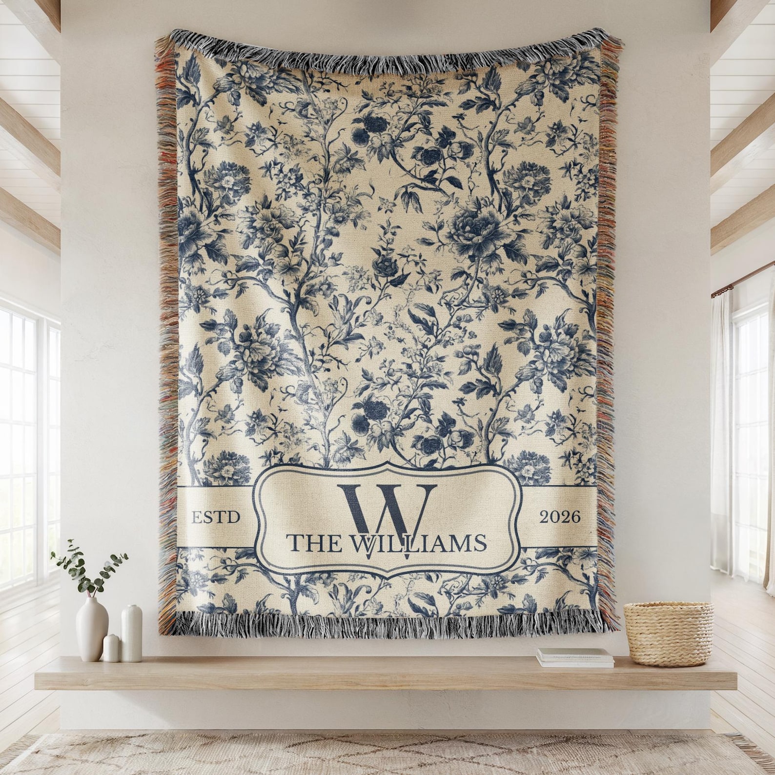 Blue Toile Monogram Woven Blanket, Last Name Floral Throw, Housewarming Gift for Newly Married Couple or Family Keepsake, Anniversary Gift