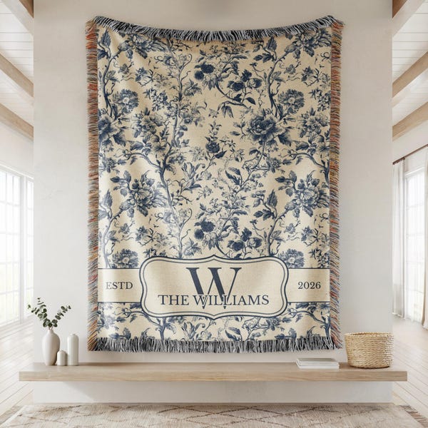 Blue Toile Monogram Woven Blanket, Last Name Floral Throw, Housewarming Gift for Newly Married Couple or Family Keepsake, Anniversary Gift