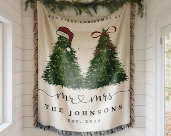 Personalized Christmas Woven Blanket, Custom Couple Blanket, Monogram Family Christmas Gift,  Xmas Housewarming Gift for Married Couple