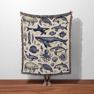 Ocean Life Woven Blanket, Vintage Sea Animals Throw Gift, Beach House Decor, Sea life Blanket, Vintage Sea Life Art, Sea Creature Blanket
