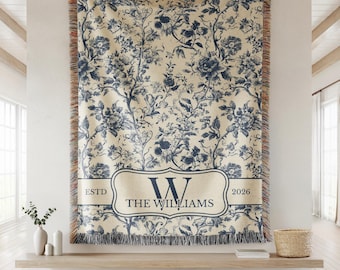 Blue Toile Monogram Woven Blanket, Last Name Floral Throw, Housewarming Gift for Newly Married Couple or Family Keepsake, Anniversary Gift
