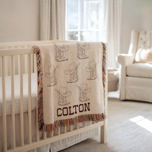 Personalized Cowboy Woven Baby Blanket, Western Cowboy Boys Blanket, Heirloom Blanket, Newborn Name Blanket, Baby Name Woven Throw Blanket