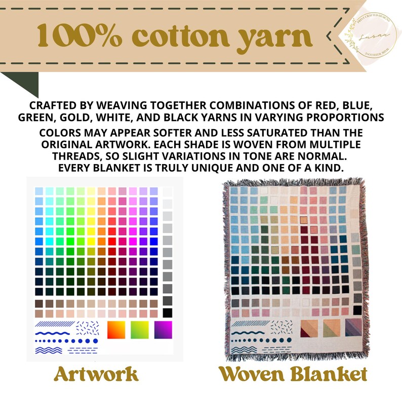 May include: A 100% cotton yarn woven blanket featuring a grid of multicolored squares. The design includes a color palette chart labeled Artwork and the corresponding Woven Blanket. Text states: Crafted by weaving together red, blue, green, gold, white, and black yarns.
