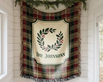 Personalized Christmas Woven Blanket, Custom Family Name Throw, Christmas Tree Blanket, Plaid Holiday Decor, Housewarming Gift, EST Year