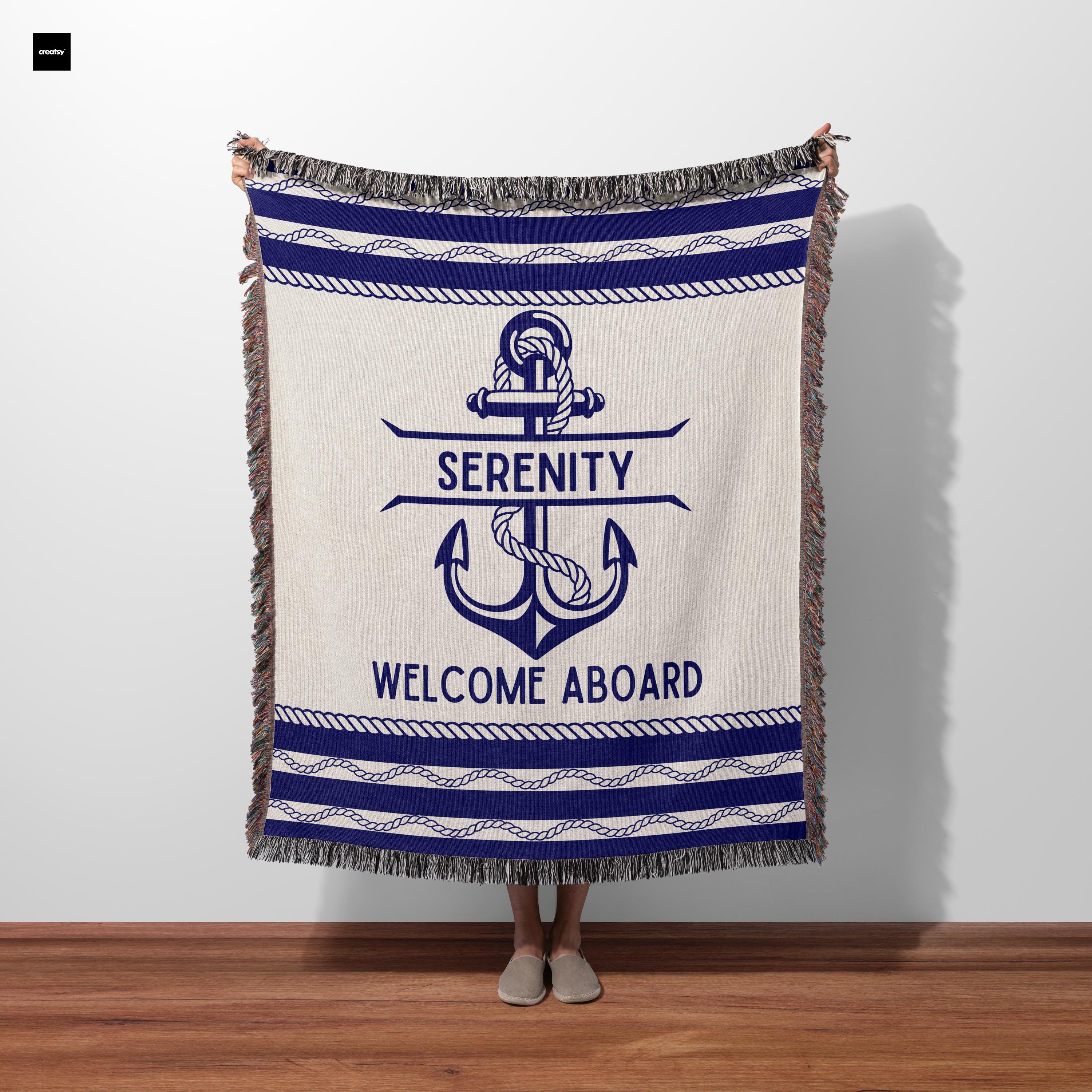 Personalized Boat Woven Blanket, Gift Boat Blanket 100% Cotton, Captain Gift or Boat Owner Decor, Welcome Aboard Woven Blanket Keepsake Gift