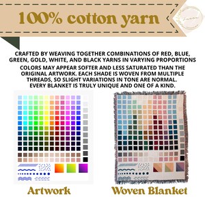 May include: A 100% cotton yarn woven blanket featuring a grid of multicoloured squares in red, blue, green, gold, white, and black. The design includes geometric patterns at the bottom, matching the provided artwork reference guide.