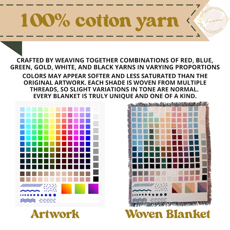 May include: A 100% cotton yarn woven blanket featuring a grid of multicoloured squares in red, blue, green, gold, white, and black. The design includes geometric patterns at the bottom, matching the provided artwork reference guide.