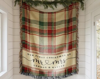 Personalized Christmas Woven Blanket, Custom Couple Blanket, Monogram Family Christmas Gift, Xmas Plaid Housewarming Gift for Married Couple
