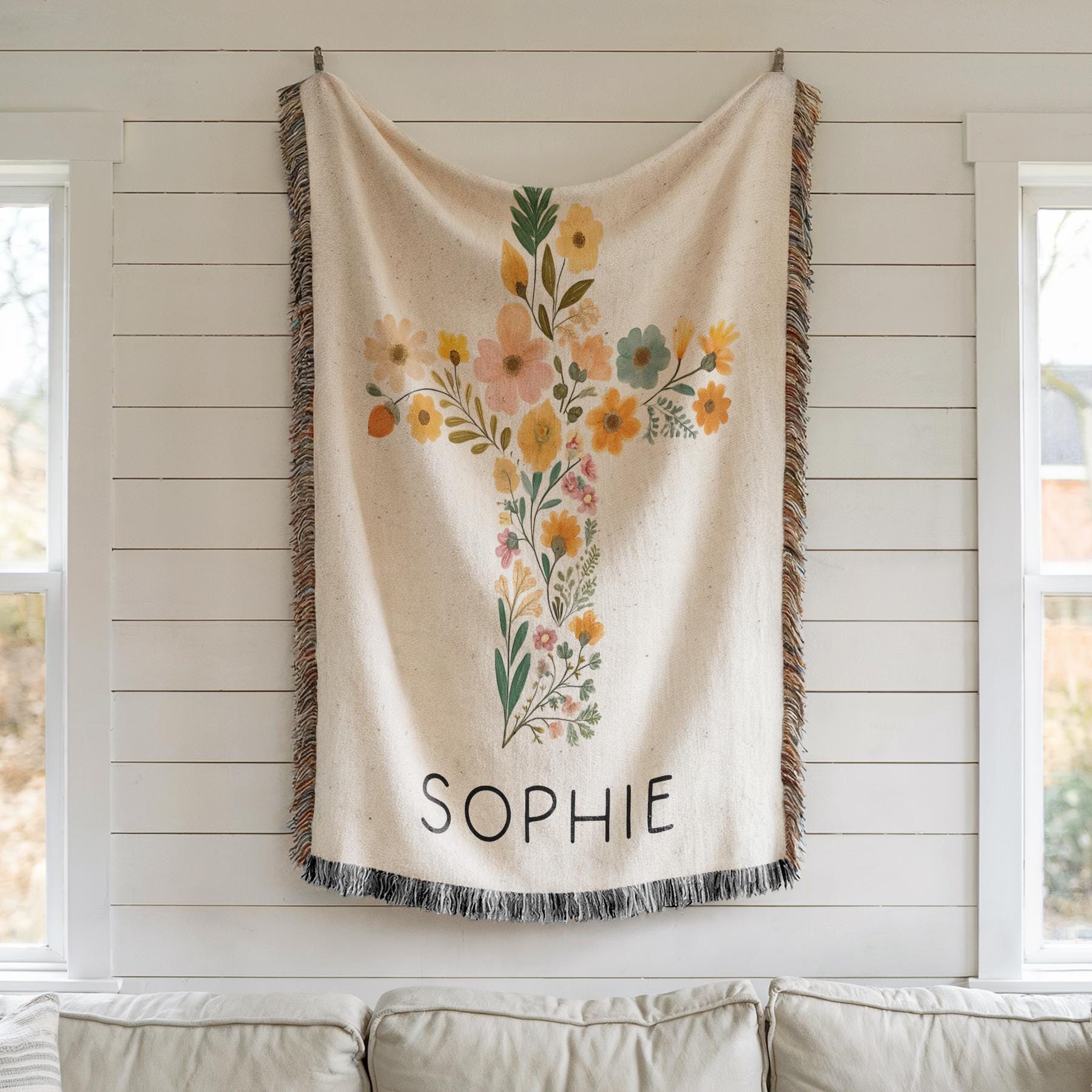 Personalized Baptism Baby Blanket Baptism Christening Blanket for Girl, Woven Baby Blanket with Floral Cross Baptism Floral Cross Baby Gift