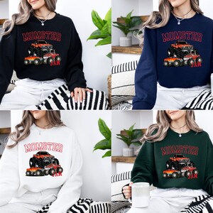 May include: Four different color sweatshirts with a graphic of a monster truck and the text "Momster Jam" printed on the front.
