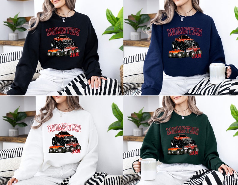 May include: Four different color sweatshirts with a graphic of a monster truck and the text "Momster Jam" printed on the front.