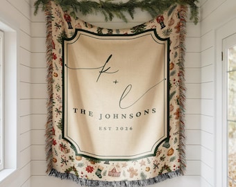 Personalized Christmas Woven Blanket, Custom Couple Blanket, Monogram Family Christmas Gift,  Xmas Housewarming Gift for Married Couple
