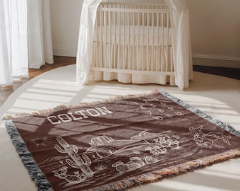 Personalized Cowboy Woven Milestone Blanket, Western Monthly Blanket, Monthly blanket with western design, Newborn Name Woven Throw Blanket