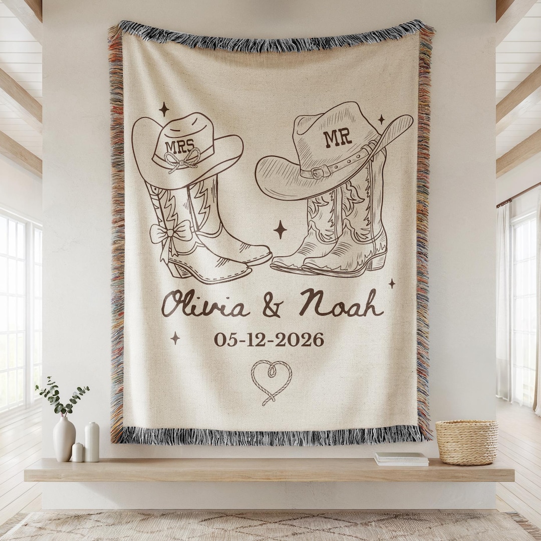 Personalized Western Wedding Blanket, Cowboy Boots Couple Blanket, Country Wedding Gift, Anniversary Gift, Mr and Mrs Blanket Woven Throw - 50x60 inches –Medium