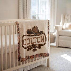 Personalized Cowboy Woven Baby Blanket, Western Cowboy Boys Blanket, Heirloom Blanket, Newborn Name Blanket, Baby Name Woven Throw Blanket