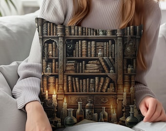 Witches Bookshelf Throw Pillow,Cozy witch witchy pillow academia decore,Dark academia house, Pillow for book lovers, Witchy pillow book nook