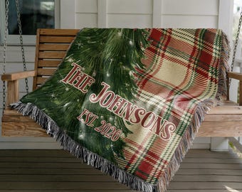 Personalized Christmas Woven Blanket, Custom Family Name Throw, Christmas Tree Blanket, Plaid Holiday Decor, Housewarming Gift, EST Year