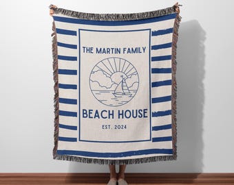 Personalized Vowen Blanket for Beach House Owner, Beach House Decoration Woven Throw, Family Name Blanket Beach House, Beach House Gifts