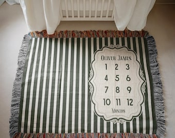 Personalized Baby Milestone Blanket, Custom Striped Blanket, Baby Shower Gift for Newborn Baby, Keepsake Nursery Decor Striped Baby Blanket