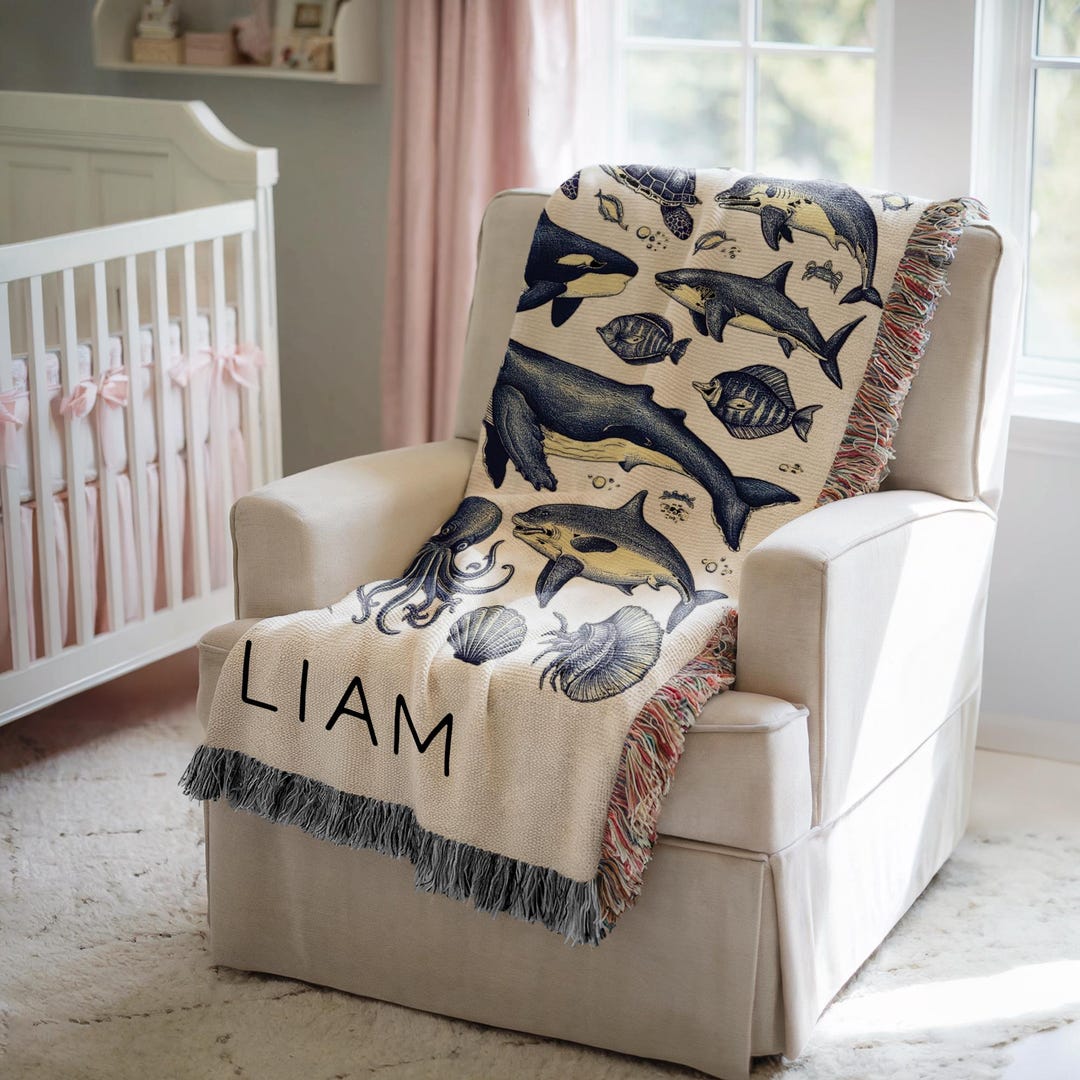 Personalized Ocean Woven Blanket for Baby, Sea Animals Throw Gift Baby ...