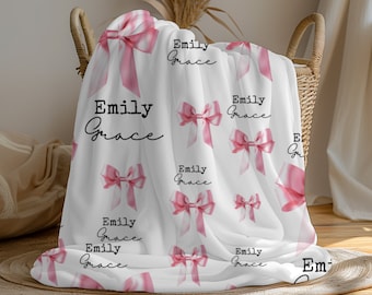 Custom Bow Blanket, Coquette Bow Name Girl Blanket, Coquette Blanket Gift for Preppy Room Decor, Newborn Name Blanket for Girl Nursery Decor
