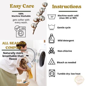 May include: An infographic detailing care instructions for a textile product. It features a cotton branch, a washing machine icon, and text stating 100% Machine Washable. A list of icons with text includes machine wash cold, gentle cycle, mild detergent, non-chlorine, bleach as needed, and tumble dry low heat.