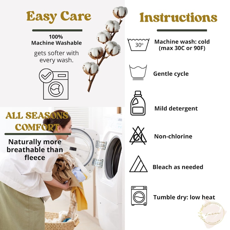 May include: An infographic detailing care instructions for a textile product. It features a cotton branch, a washing machine icon, and text stating 100% Machine Washable. A list of icons with text includes machine wash cold, gentle cycle, mild detergent, non-chlorine, bleach as needed, and tumble dry low heat.