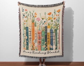 Custom Book Lovers Woven Blanket, Wildflowers Bookish Blanket, Bookshelf Blanket Gift for Bookworm, Gift for Booklover Woven Thow Blanket