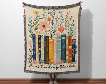 Custom Book Lovers Woven Blanket, Wildflowers Bookish Blanket, Bookshelf Blanket Gift for Mom, Reading Book Blanket, Reader Woven Blanket