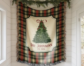 Personalized Christmas Woven Blanket, Custom Family Name Throw, Christmas Tree Blanket, Plaid Holiday Decor, Housewarming Gift, EST Year