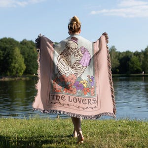 The Lovers Tarot Blanket, Valentine&#39;s Day Gift Skeletons Blanket, Lovers Tarot Anniversary Gift, The Lovers Woven Blanket, til Death Blanket