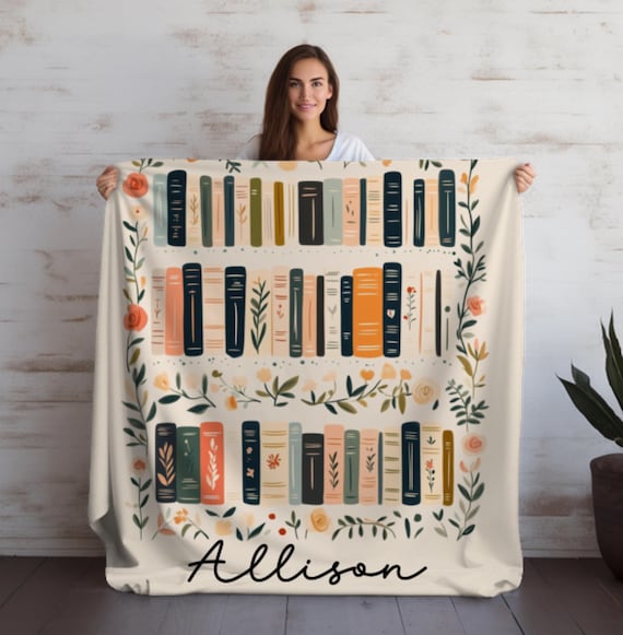 Personalized Library Blanket, Boho Wildflowers Bookish Blanket, Bookshelf with Flower for Book Lover Gift, Gift For Reader Librarian Teacher