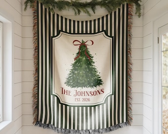 Personalized Christmas Woven Blanket, Custom Family Name Throw, Christmas Tree Blanket, Plaid Holiday Decor, Housewarming Gift, EST Year