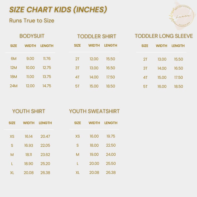 May include: Size chart for kids clothing in inches. The chart includes sizes for bodysuits, toddler shirts, toddler long sleeve shirts, youth shirts, and youth sweatshirts. The chart lists the size, width, and length of each garment in inches.