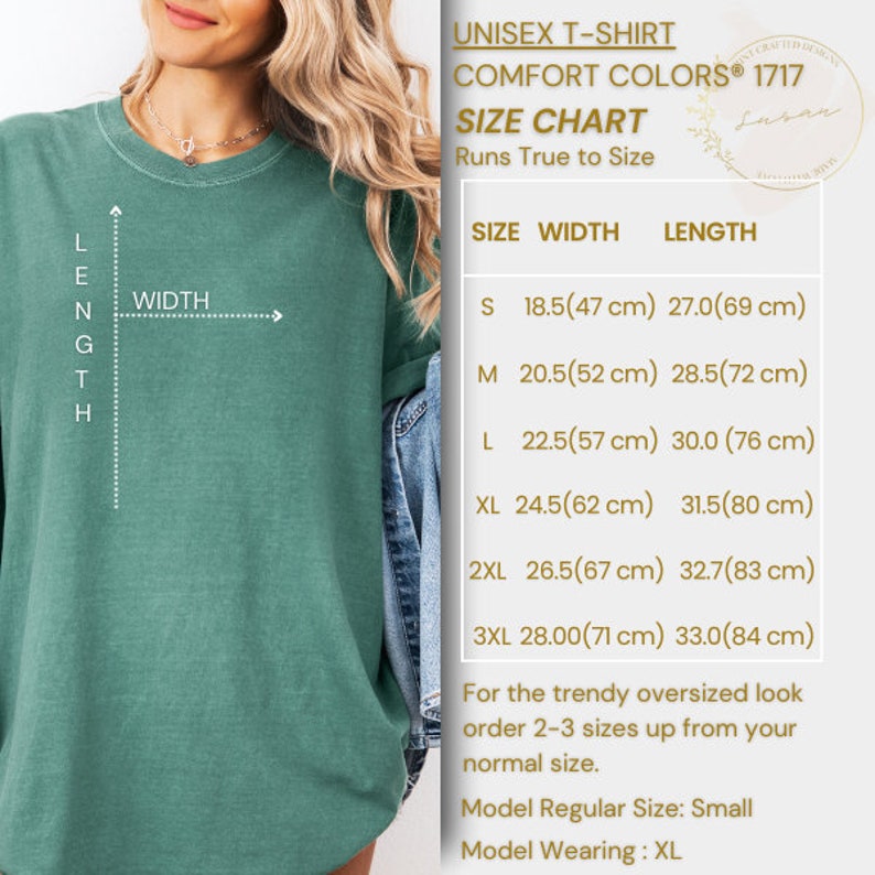 May include: Unisex t-shirt size chart with measurements in inches and centimetres. The chart shows the width and length of the shirt in different sizes, from small to 3XL. The chart also includes a note that the shirt runs true to size and that for a trendy oversized look, order 2-3 sizes up from your normal size. The model is wearing a size XL.