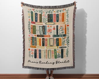 Custom Book Lovers Woven Blanket, Wildflowers Bookish Blanket, Bookshelf Blanket Gift for Bookworm, Gift for Booklover Woven Thow Blanket
