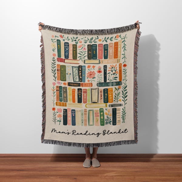 Manta tejida personalizada para amantes de los libros, manta de flores silvestres, manta de estantería, regalo para amantes de los libros.