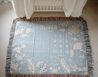 Customized Ocean Baby Month Blanket Sea Animals Woven Blanket Baby Shower Gift Under the Sea Milestone Ocean Life Ocean Nursery New Mom Gift