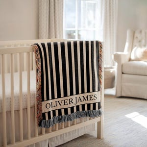 Personalized Stripes Baby Blanket Custom Name Blanket Baby Classic Nursery Decor Newborn Name Blanket Baby Shower Gift Striped Baby Blanket Black
