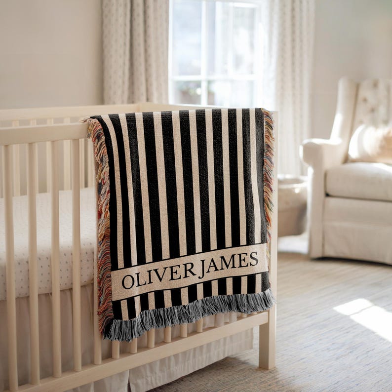 Personalized Stripes Baby Blanket Custom Name Blanket Baby Classic Nursery Decor Newborn Name Blanket Baby Shower Gift Striped Baby Blanket Black