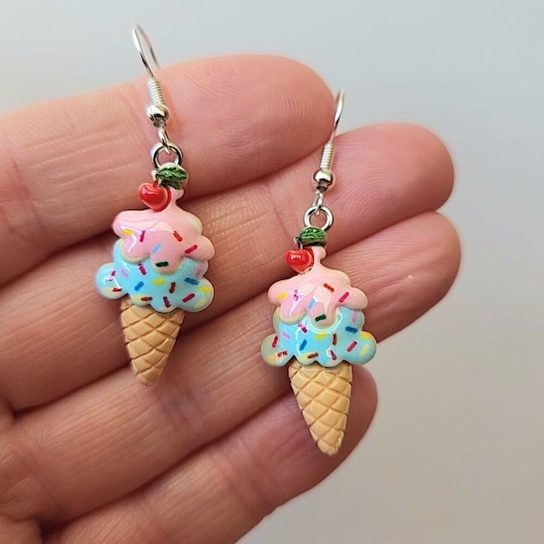 Double Scoop Ice Cream Cone Earrings, Unique Earrings, Funny Earrings, Funky Gifts, Ice Cream Earrings, Food Jewelry, One-of-a Kind Gift