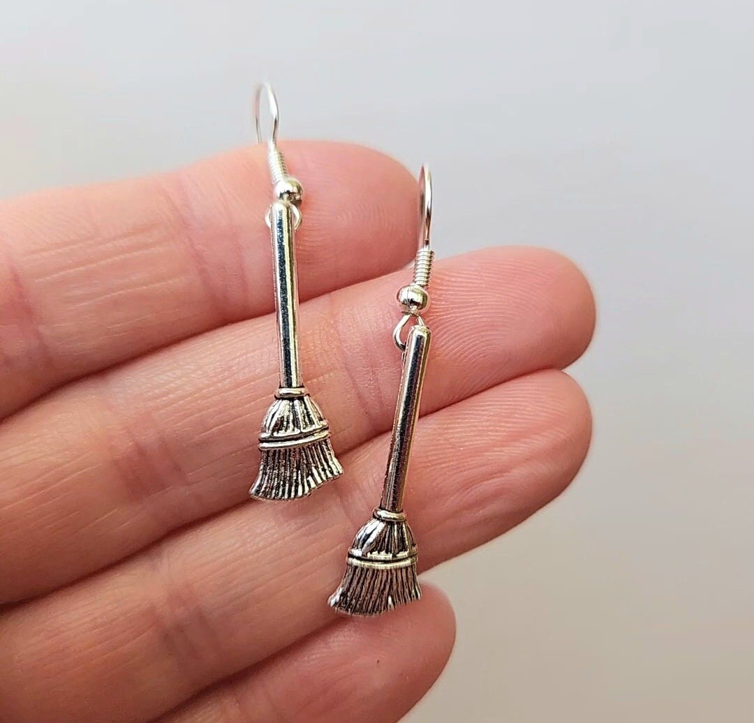 Flying Broom Earrings, Unique Earrings, Funny Earrings, Funky Gifts,halloween Earrings, Silver