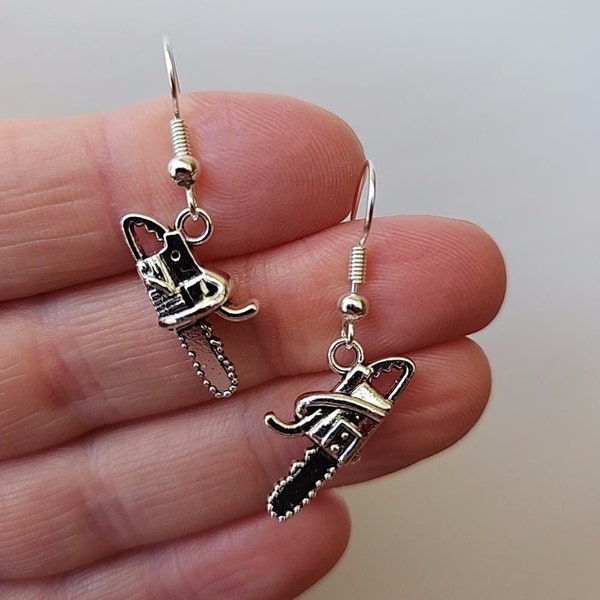 Chainsaw Earrings, Silver Earrings, Unique Earrings, Outdoor Earrings, Funky Earrings, Funky Gifts, Dangle Earrings, One-of-a Kind Gift